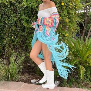 - NEW BLUE GRANNY CROCHET TASSEL RAINBOW CARDIGAN SIZE LARGE